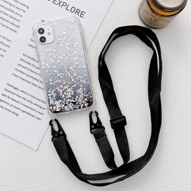 Estuche a prueba de golpes de acrílico engrosado con epoxi y purpurina en polvo degradado y cordón ancho para cuello, para iPhone 13 mini, para iPhone 13, para iPhone 13 Pro, para iPhone 13 Pro Max, para iPhone 12 mini