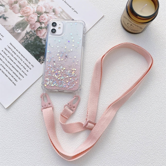 Estuche a prueba de golpes de acrílico engrosado con epoxi y purpurina en polvo degradado y cordón ancho para cuello, para iPhone 13 mini, para iPhone 13, para iPhone 13 Pro, para iPhone 13 Pro Max, para iPhone 12 mini