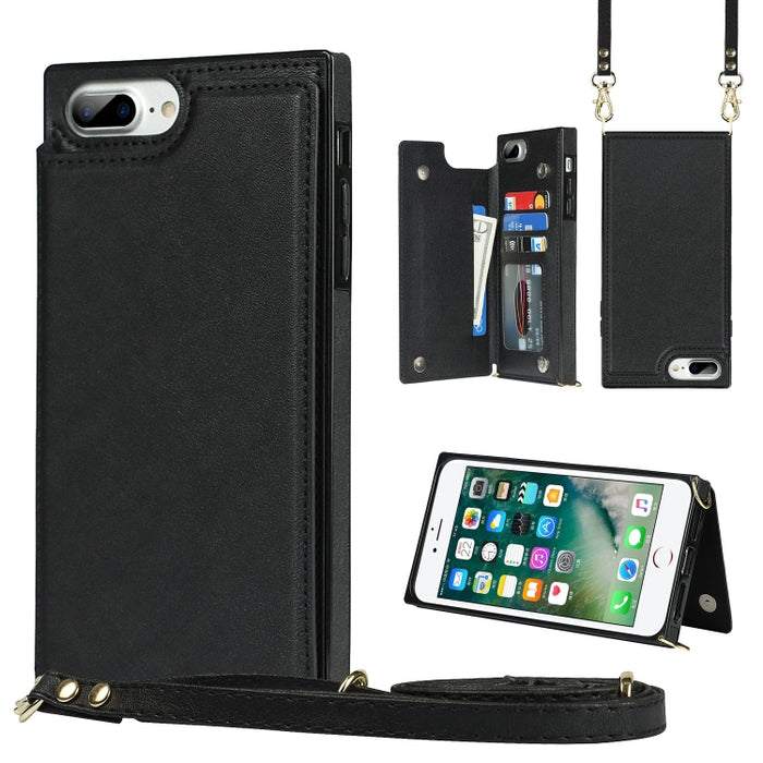 Quadratische Cross-Body-Kartentasche mit Doppelschnalle, TPU+PU, Kartenfächern &amp; Geldbörse &amp; Foto &amp; Gurt, für iPhone 8 Plus / 7 Plus, für iPhone SE 2022 / SE 2020 / 8 / 7, für iPhone 11, für iPhone 11 Pro, für iPhone 11 Pro Max