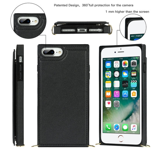 Quadratische Cross-Body-Kartentasche mit Doppelschnalle, TPU+PU, Kartenfächern &amp; Geldbörse &amp; Foto &amp; Gurt, für iPhone 8 Plus / 7 Plus, für iPhone SE 2022 / SE 2020 / 8 / 7, für iPhone 11, für iPhone 11 Pro, für iPhone 11 Pro Max
