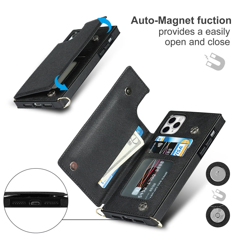 Quadratische Cross-Body-Kartentasche mit Doppelschnalle, TPU+PU, Kartenfächern &amp; Geldbörse &amp; Foto &amp; Gurt, für iPhone 12 mini, für iPhone 12 / 12 Pro, für iPhone 12 Pro Max, für iPhone XS / X, für iPhone XS Max