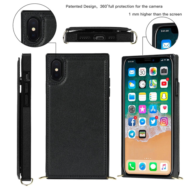 Quadratische Umhängetasche mit Doppelschnalle und Klappkartenfach aus TPU + PU mit Kartenfächern &amp; Geldbörse &amp; Foto &amp; Gurt, für iPhone XR