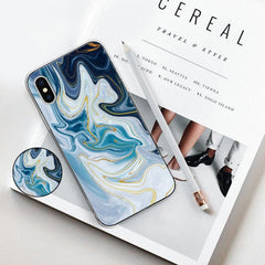 Embossed Varnished Marble TPU Protective Case with Holder, For iPhone XS / X, For iPhone XR