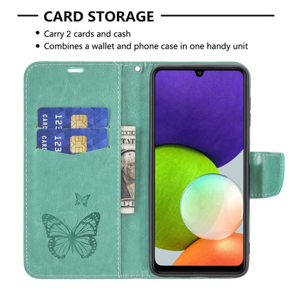 Embossing Two Butterflies Pattern Horizontal Flip Leather Phone Case with Holder & Card Slot & Wallet & Lanyard, For Samsung Galaxy A22 4G
