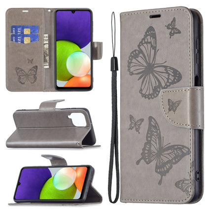 Embossing Two Butterflies Pattern Horizontal Flip Leather Phone Case with Holder & Card Slot & Wallet & Lanyard, For Samsung Galaxy A22 4G