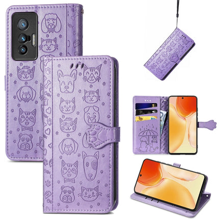 Lovely Cat and Dog Embossing Pattern Horizontal Flip Leather Phone Case with Holder & Card Slots & Wallet & Cartoon Clasp & Lanyard, For vivo X70