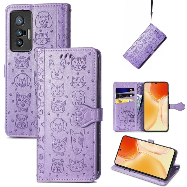 Lovely Cat and Dog Embossing Pattern Horizontal Flip Leather Phone Case with Holder & Card Slots & Wallet & Cartoon Clasp & Lanyard, For vivo X70