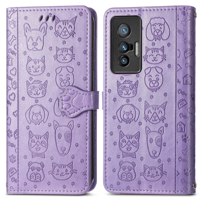 Lovely Cat and Dog Embossing Pattern Horizontal Flip Leather Phone Case with Holder & Card Slots & Wallet & Cartoon Clasp & Lanyard, For vivo X70