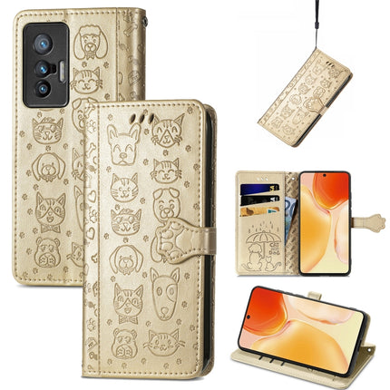 Lovely Cat and Dog Embossing Pattern Horizontal Flip Leather Phone Case with Holder & Card Slots & Wallet & Cartoon Clasp & Lanyard, For vivo X70
