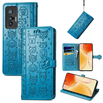 Lovely Cat and Dog Embossing Pattern Horizontal Flip Leather Phone Case with Holder & Card Slots & Wallet & Cartoon Clasp & Lanyard, For vivo X70