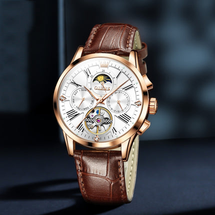 OLEVS 9912 Hollow Flywheel Week Calendar Dial Luminous Mechanical Watch for Men