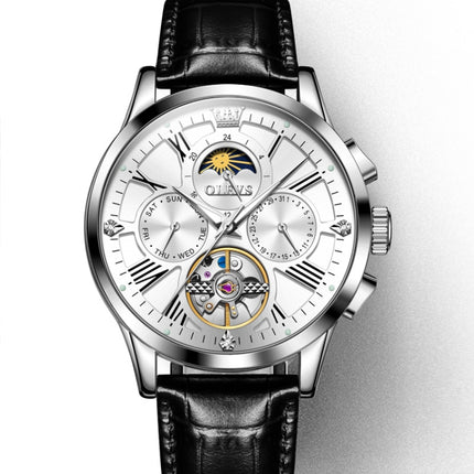 OLEVS 9912 Hollow Flywheel Week Calendar Dial Luminous Mechanical Watch for Men