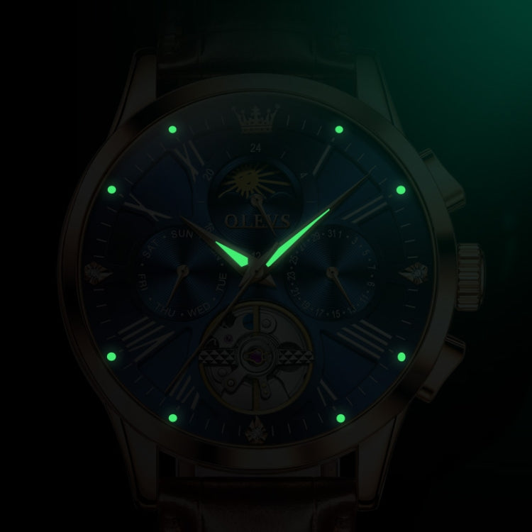 OLEVS 9912 Hollow Flywheel Week Calendar Dial Luminous Mechanical Watch for Men
