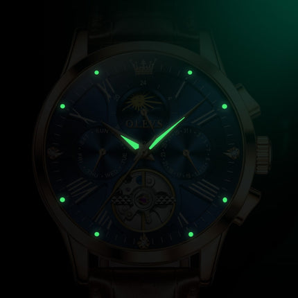 OLEVS 9912 Hollow Flywheel Week Calendar Dial Luminous Mechanical Watch for Men