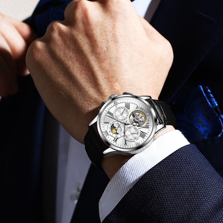 OLEVS 9912 Hollow Flywheel Week Calendar Dial Luminous Mechanical Watch for Men