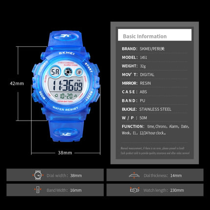 SKMEI 1451 LED Digital Stopwatch Chronograph Luminous Children Sports Electronic Watch, 1451(Transparent Rose Red), 1451(White Shell Blue Circle), 1451(Yellow Shell Blue Circle), 1451(Black Shell Blue Circle), 1451(Transparent Pink Blue)               ...