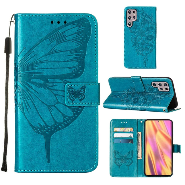 Embossed Butterfly Leather Phone Case with Holder & Card Slot & Wallet & Lanyard, For Samsung Galaxy S22+ 5G, For Samsung Galaxy S22 Ultra 5G, For Xiaomi Mi 11T 5G / 11T Pro 5G