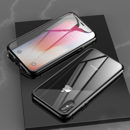 Ultra Slim Double Sides Magnetic Adsorption Angular Frame Tempered Glass Magnet Flip Case, For iPhone X / XS, For iPhone XR, For iPhone XS Max