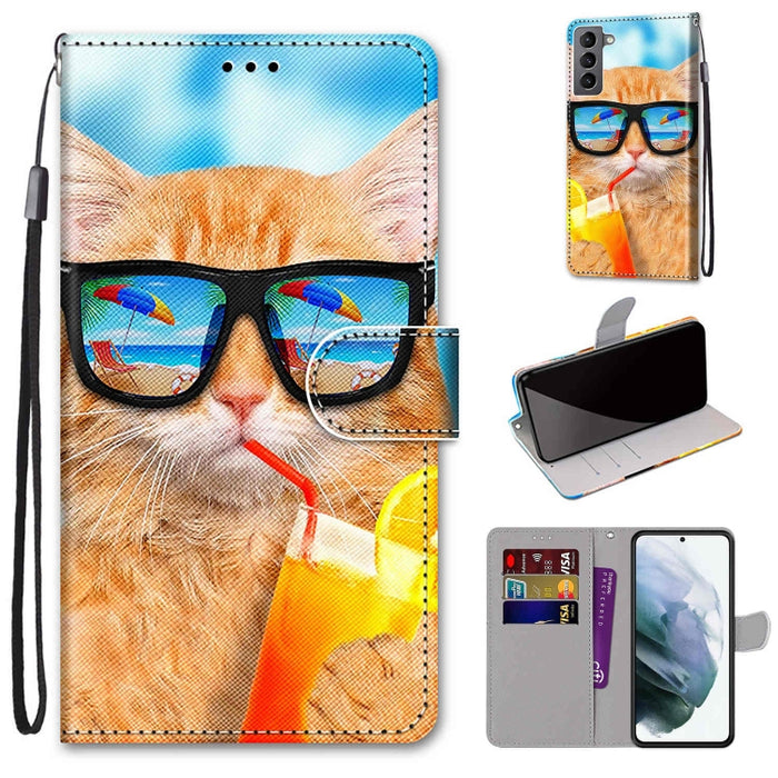 Coloured Drawing Cross Texture Horizontal Flip Leather Phone Case with Holder & Card Slots & Wallet & Lanyard, For Samsung Galaxy S22 5G