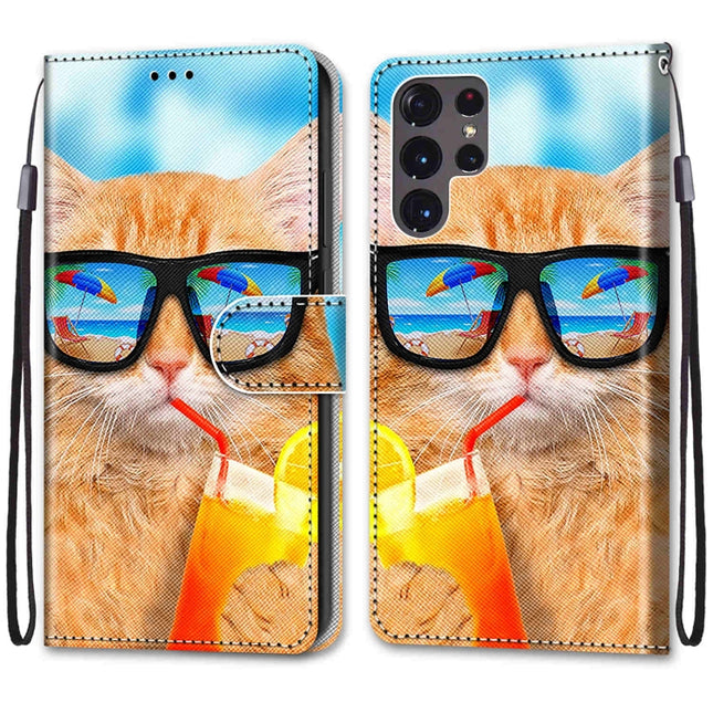 Coloured Drawing Cross Texture Horizontal Flip Leather Phone Case with Holder & Card Slots & Wallet & Lanyard, For Samsung Galaxy S22 Ultra 5G