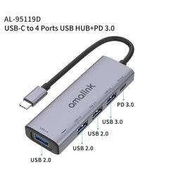 amalink 95119D Type-C / USB-C to 4 Ports USB + PD 3.0 Multi-function HUB Docking Station, 95119D