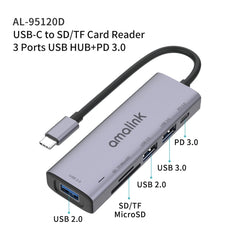 amalink 95120D Type-C / USB-C to SD/TF + 3 Ports USB + PD 3.0 Multi-function HUB Docking Station, 95120D