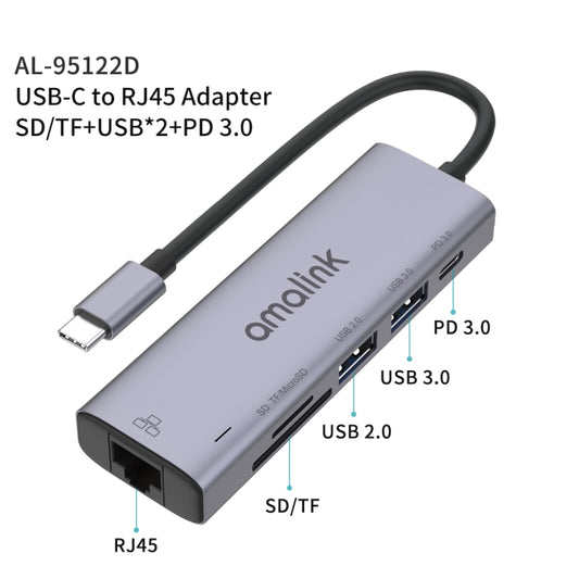 amalink 95122D Type-C / USB-C to RJ45 + 2 Ports USB + PD 3.0 Multi-function HUB, 95122D