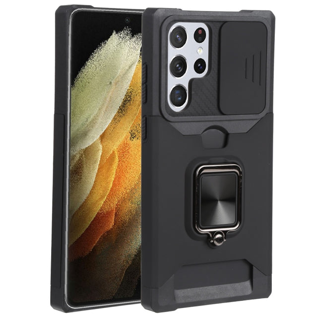 Sliding Camera Cover Design PC + TPU Shockproof Phone Case with Ring Holder & Card Slot, For Samsung Galaxy S22 Ultra 5G