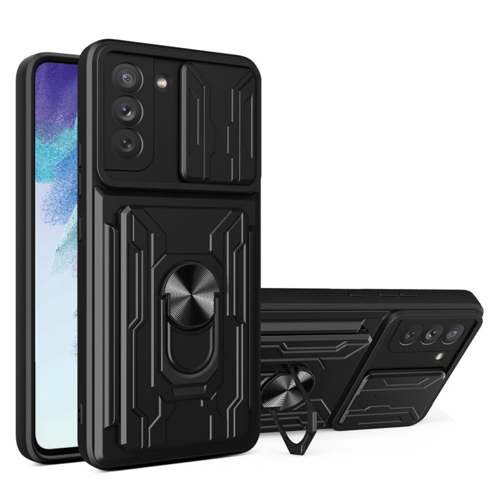Camera Cover Phone Case with Card Slot & Holder, For Samsung Galaxy S21 FE 5G