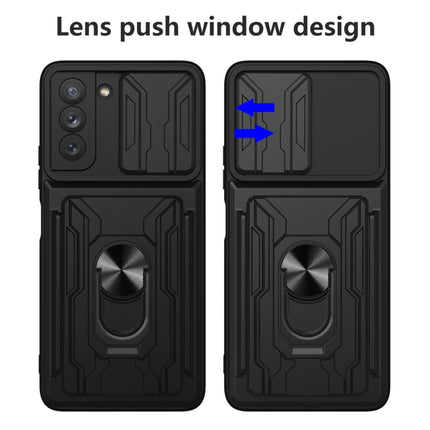 Camera Cover Phone Case with Card Slot & Holder, For Samsung Galaxy S21 FE 5G