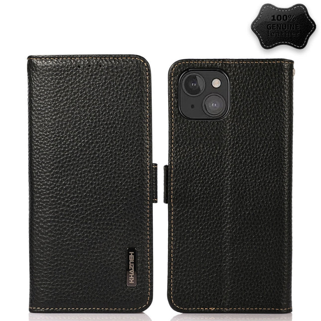 KHAZNEH Side-Magnetic Litchi Genuine Leather RFID Case, For iPhone 13 mini, For iPhone 13, For iPhone 13 Pro, For iPhone 13 Pro Max, For iPhone 12 mini, For iPhone 12 / 12 Pro