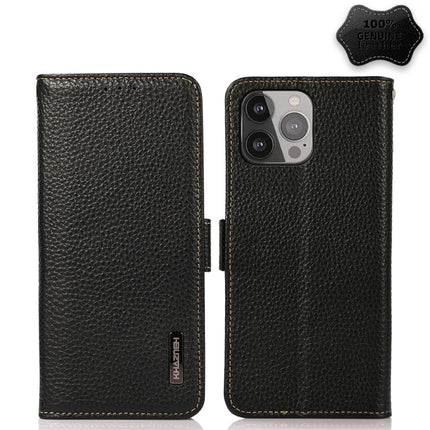 KHAZNEH Side-Magnetic Litchi Genuine Leather RFID Case, For iPhone 13 mini, For iPhone 13, For iPhone 13 Pro, For iPhone 13 Pro Max, For iPhone 12 mini, For iPhone 12 / 12 Pro