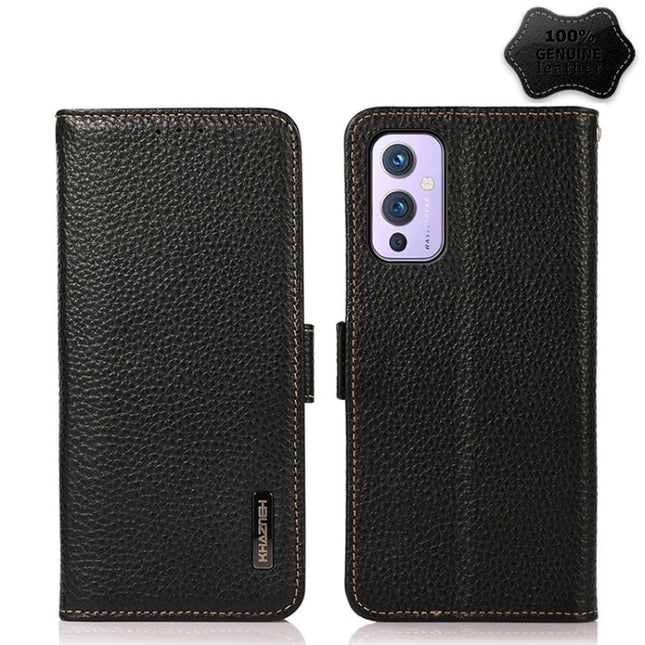 KHAZNEH Side-Magnetic Litchi Genuine Leather RFID Phone Case, For OnePlus 10 Pro 5G, For OnePlus N20 5G, For OnePlus 9, For OnePlus 9R, For OnePlus 9RT 5G, For OnePlus Nord 2 5G