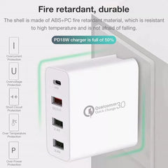 A3 PD 18W USB-C / Type-C + QC3.0 USB + Dual USB Interface Travel Charger, US Plug, EU Plug, UK Plug