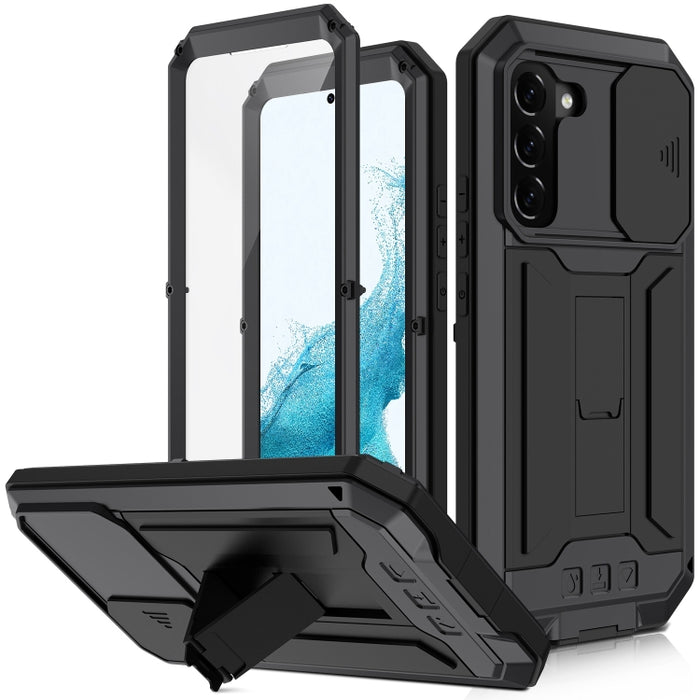 R-JUST Funda de teléfono con soporte de silicona y metal para cámara deslizante, para Samsung Galaxy S22 5G, para Samsung Galaxy S22+ 5G, para Samsung Galaxy S22 Ultra 5G