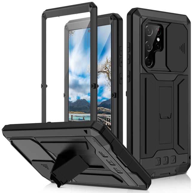 R-JUST Funda de teléfono con soporte de silicona y metal para cámara deslizante, para Samsung Galaxy S22 5G, para Samsung Galaxy S22+ 5G, para Samsung Galaxy S22 Ultra 5G