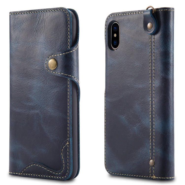 Denior Ölwachs-Rindsleder-Magnetknopf-Horizontal-Flip-Lederhülle mit Kartenfächern und Geldbörse, für iPhone 6, für iPhone 6 Plus / 6s Plus, für iPhone 7 / 8, für iPhone 7 Plus / 8 Plus, für iPhone X / XS, für Galaxy S8, für iPhone XR, für Galaxy S8 Plus