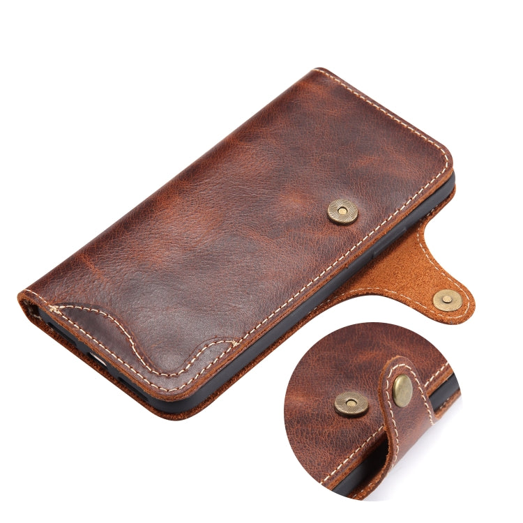Denior Ölwachs-Rindsleder-Magnetknopf-Horizontal-Flip-Lederhülle mit Kartenfächern und Geldbörse, für iPhone XS Max, für Galaxy S9, für Galaxy S9 Plus, für Galaxy Note 8, für Galaxy Note9, für Huawei Mate 20, für Huawei Mate 20 Pro, für Galaxy S10