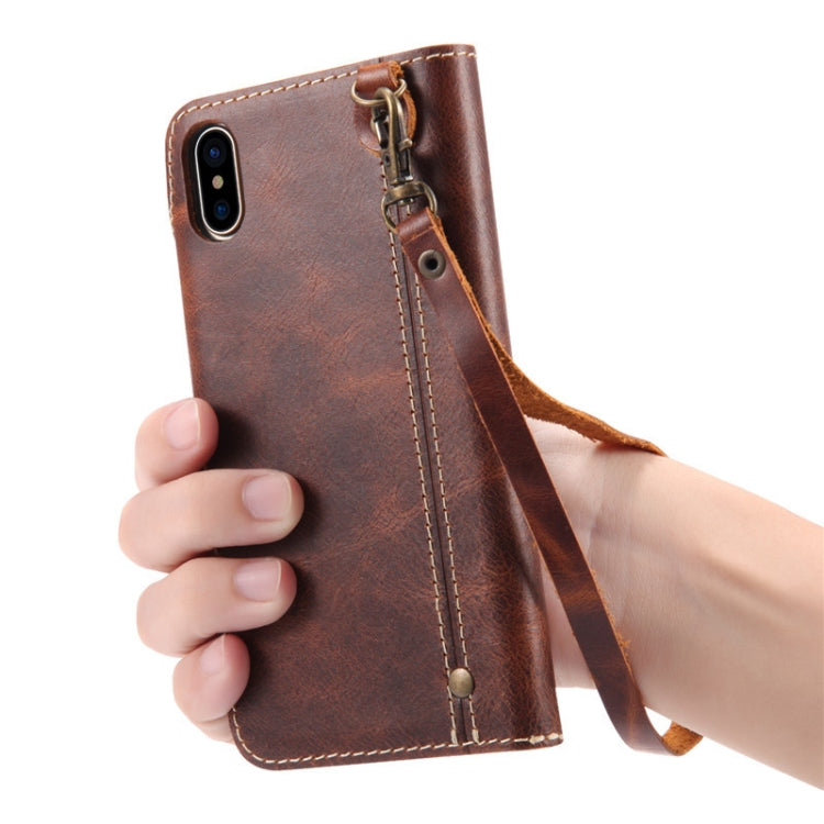 Denior Ölwachs-Rindsleder-Magnetknopf-Horizontal-Flip-Lederhülle mit Kartenfächern und Geldbörse, für iPhone XS Max, für Galaxy S9, für Galaxy S9 Plus, für Galaxy Note 8, für Galaxy Note9, für Huawei Mate 20, für Huawei Mate 20 Pro, für Galaxy S10