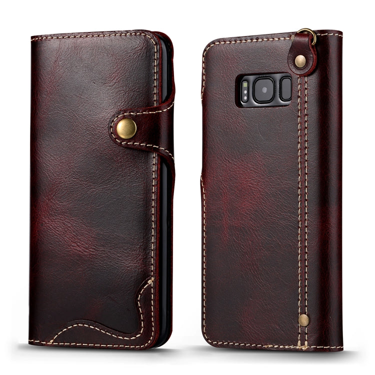 Denior Ölwachs-Rindsleder-Magnetknopf-Horizontal-Flip-Lederhülle mit Kartenfächern und Geldbörse, für iPhone XS Max, für Galaxy S9, für Galaxy S9 Plus, für Galaxy Note 8, für Galaxy Note9, für Huawei Mate 20, für Huawei Mate 20 Pro, für Galaxy S10