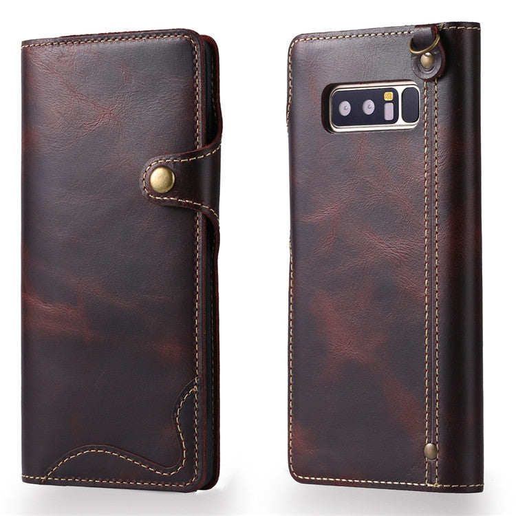 Denior Ölwachs-Rindsleder-Magnetknopf-Horizontal-Flip-Lederhülle mit Kartenfächern und Geldbörse, für iPhone XS Max, für Galaxy S9, für Galaxy S9 Plus, für Galaxy Note 8, für Galaxy Note9, für Huawei Mate 20, für Huawei Mate 20 Pro, für Galaxy S10