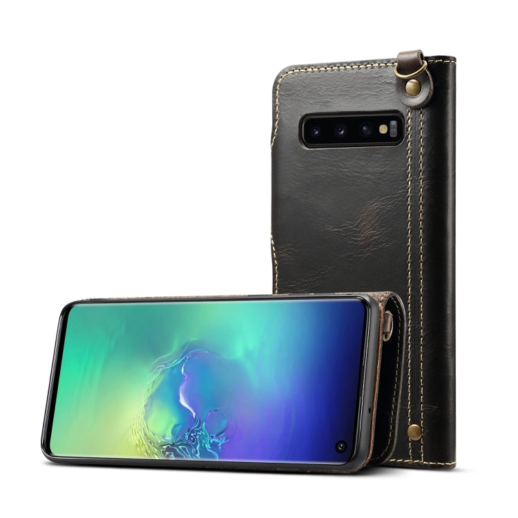 Denior Ölwachs-Rindsleder-Schutzhülle mit Magnetknopf, horizontales Klappetui mit Kartenfächern und Geldbörse, für Galaxy S10e, für Galaxy S10 Plus, für Galaxy Note 10, für Galaxy Note 10 Plus, für iPhone 11, für iPhone 11 Pro, für iPhone 11 Pro Max