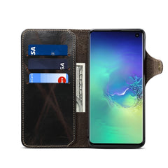 Denior Oil Wax Cowhide Magnetic Button Horizontal Flip Leather Case with Card Slots & Wallet, For Galaxy S10e, For Galaxy S10 Plus, For Galaxy Note 10, For Galaxy Note 10 Plus, For iPhone 11, For iPhone 11 Pro, For iPhone 11 Pro Max