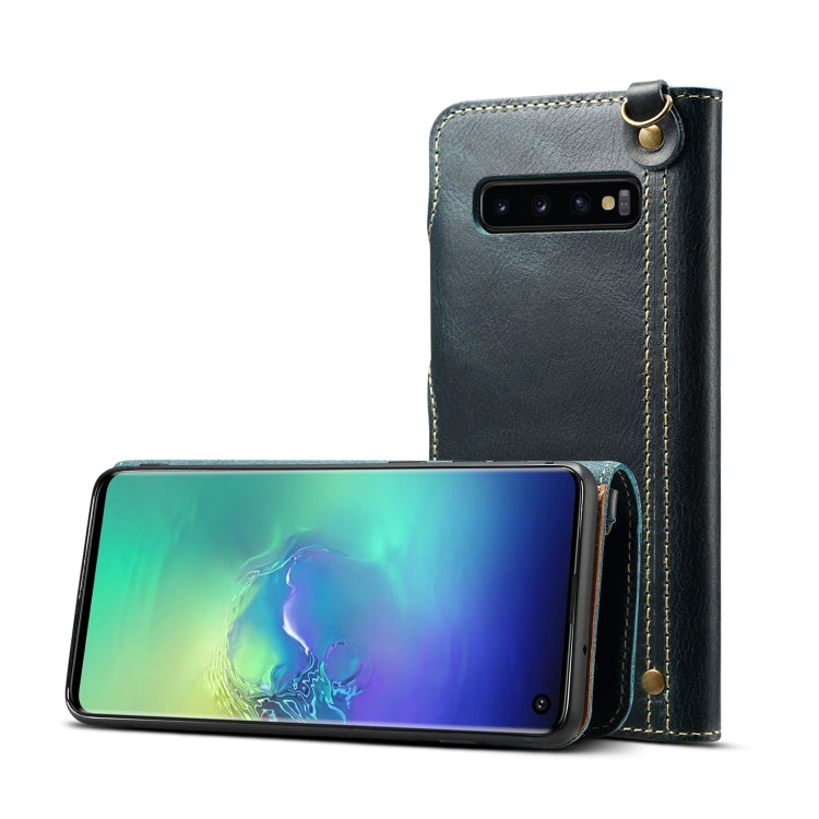 Denior Ölwachs-Rindsleder-Schutzhülle mit Magnetknopf, horizontales Klappetui mit Kartenfächern und Geldbörse, für Galaxy S10e, für Galaxy S10 Plus, für Galaxy Note 10, für Galaxy Note 10 Plus, für iPhone 11, für iPhone 11 Pro, für iPhone 11 Pro Max