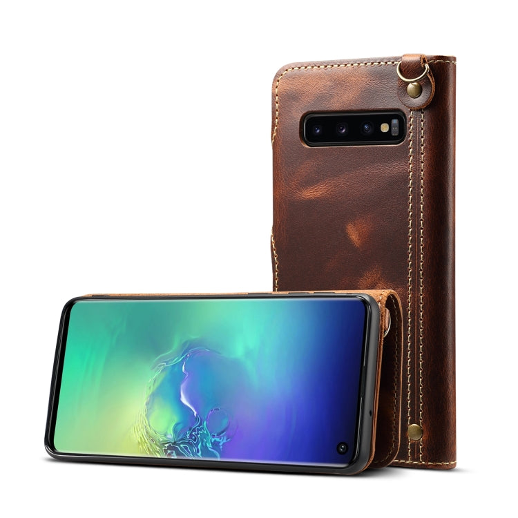 Denior Ölwachs-Rindsleder-Schutzhülle mit Magnetknopf, horizontales Klappetui mit Kartenfächern und Geldbörse, für Galaxy S10e, für Galaxy S10 Plus, für Galaxy Note 10, für Galaxy Note 10 Plus, für iPhone 11, für iPhone 11 Pro, für iPhone 11 Pro Max