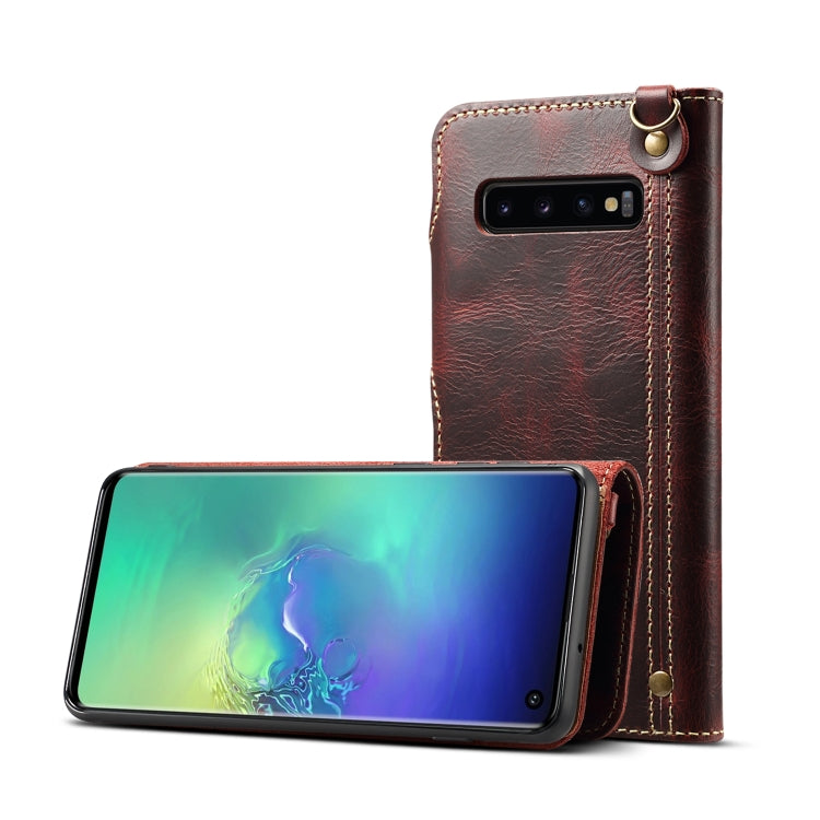 Denior Ölwachs-Rindsleder-Schutzhülle mit Magnetknopf, horizontales Klappetui mit Kartenfächern und Geldbörse, für Galaxy S10e, für Galaxy S10 Plus, für Galaxy Note 10, für Galaxy Note 10 Plus, für iPhone 11, für iPhone 11 Pro, für iPhone 11 Pro Max