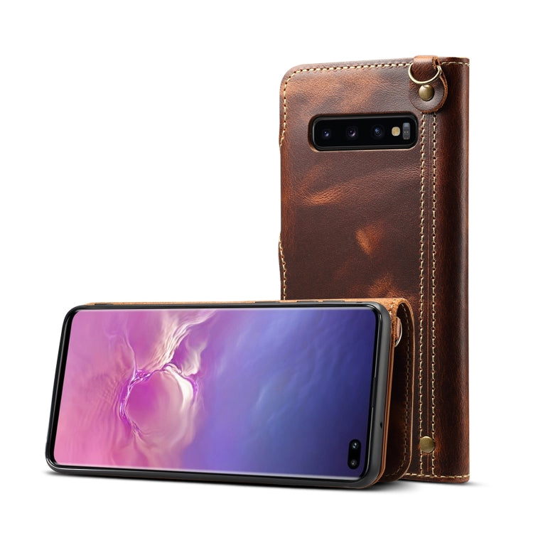 Denior Ölwachs-Rindsleder-Schutzhülle mit Magnetknopf, horizontales Klappetui mit Kartenfächern und Geldbörse, für Galaxy S10e, für Galaxy S10 Plus, für Galaxy Note 10, für Galaxy Note 10 Plus, für iPhone 11, für iPhone 11 Pro, für iPhone 11 Pro Max