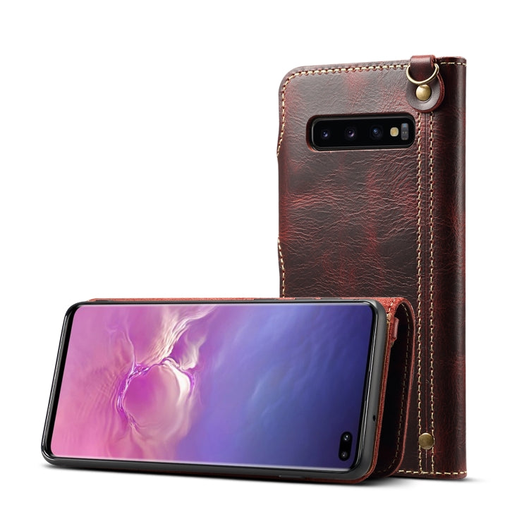 Denior Ölwachs-Rindsleder-Schutzhülle mit Magnetknopf, horizontales Klappetui mit Kartenfächern und Geldbörse, für Galaxy S10e, für Galaxy S10 Plus, für Galaxy Note 10, für Galaxy Note 10 Plus, für iPhone 11, für iPhone 11 Pro, für iPhone 11 Pro Max