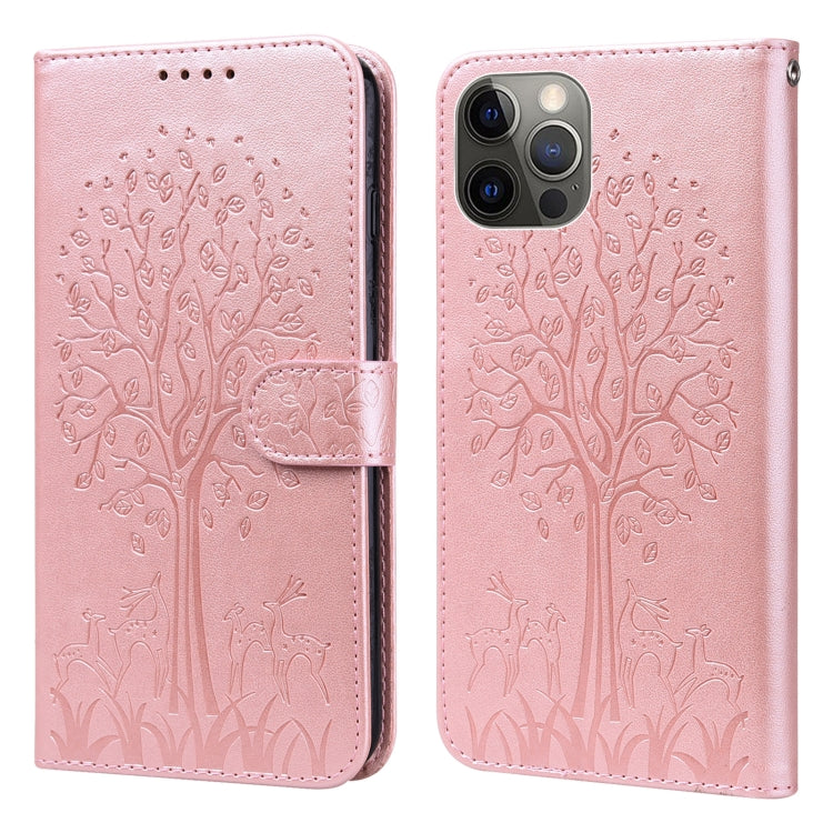 Horizontale Flip-Handyhülle aus Leder mit gepresstem Druck und Baum- und Hirschmuster, für iPhone 12 Pro Max / 13 Pro Max, für iPhone 12 mini / 13 mini, für iPhone 13 Pro, für iPhone 13, für iPhone X / XS, für iPhone XR