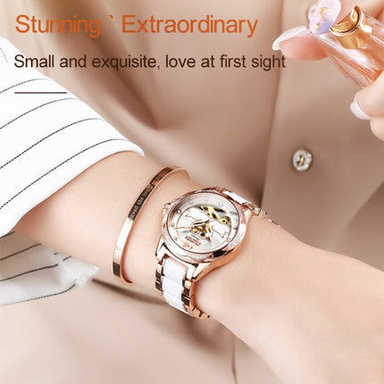 JIN SHI DUN 8831 Women Fashion Diamond Hollowed Waterproof Ceramic Mechanical Watch
